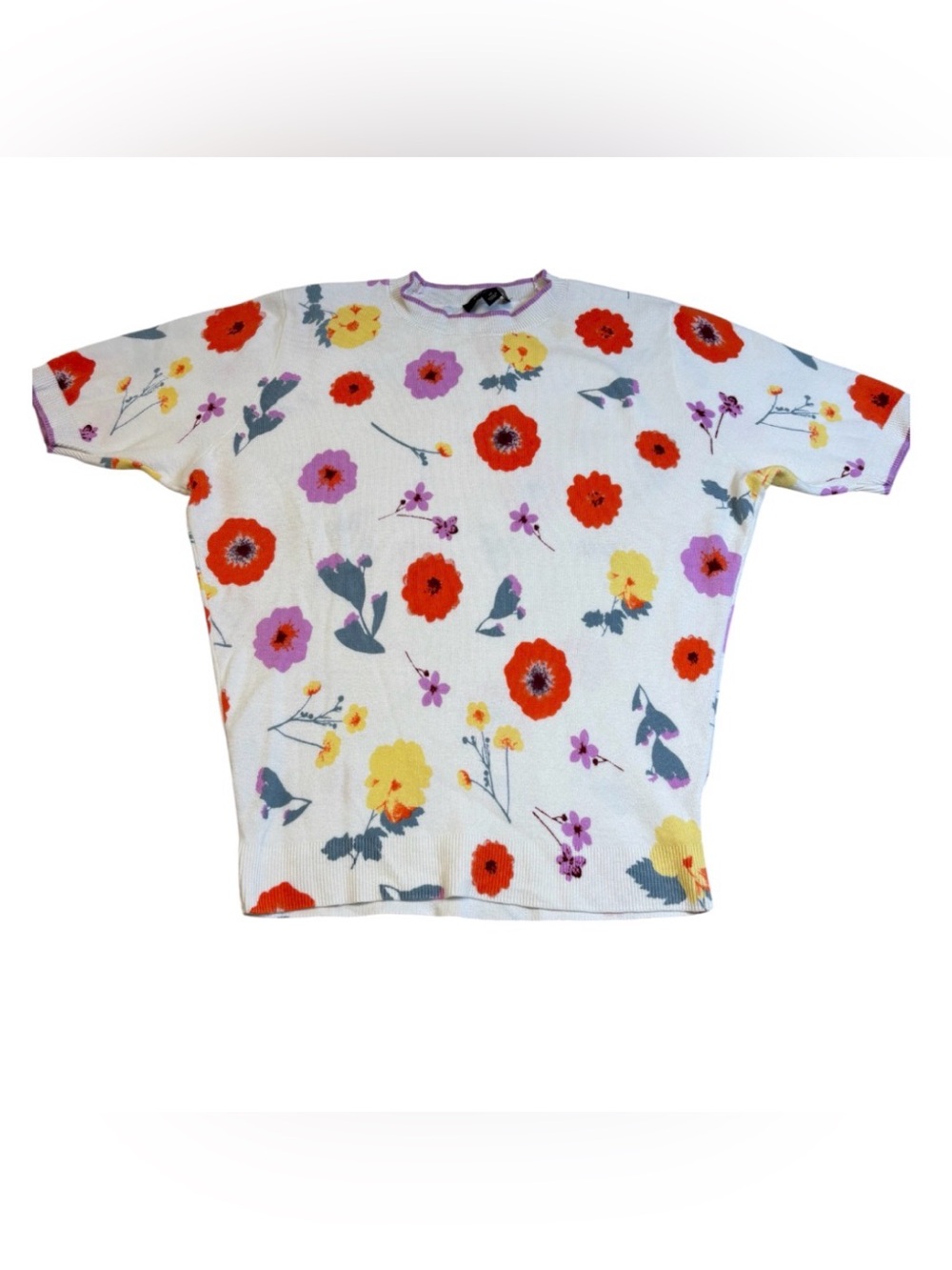 Ann Taylor Floral Knit Short Sleeve Sweater Large Petite LP Garden Poppy Top